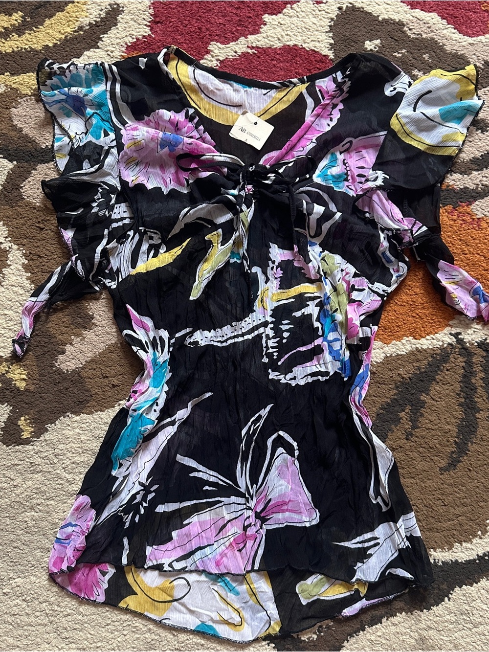 Anima Bella Abstract Floral Ruched Blouse | Fits Small